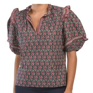 Jennifer & Grace Printed Puff Sleeve Paisley Blouse Sz L Tassels boho